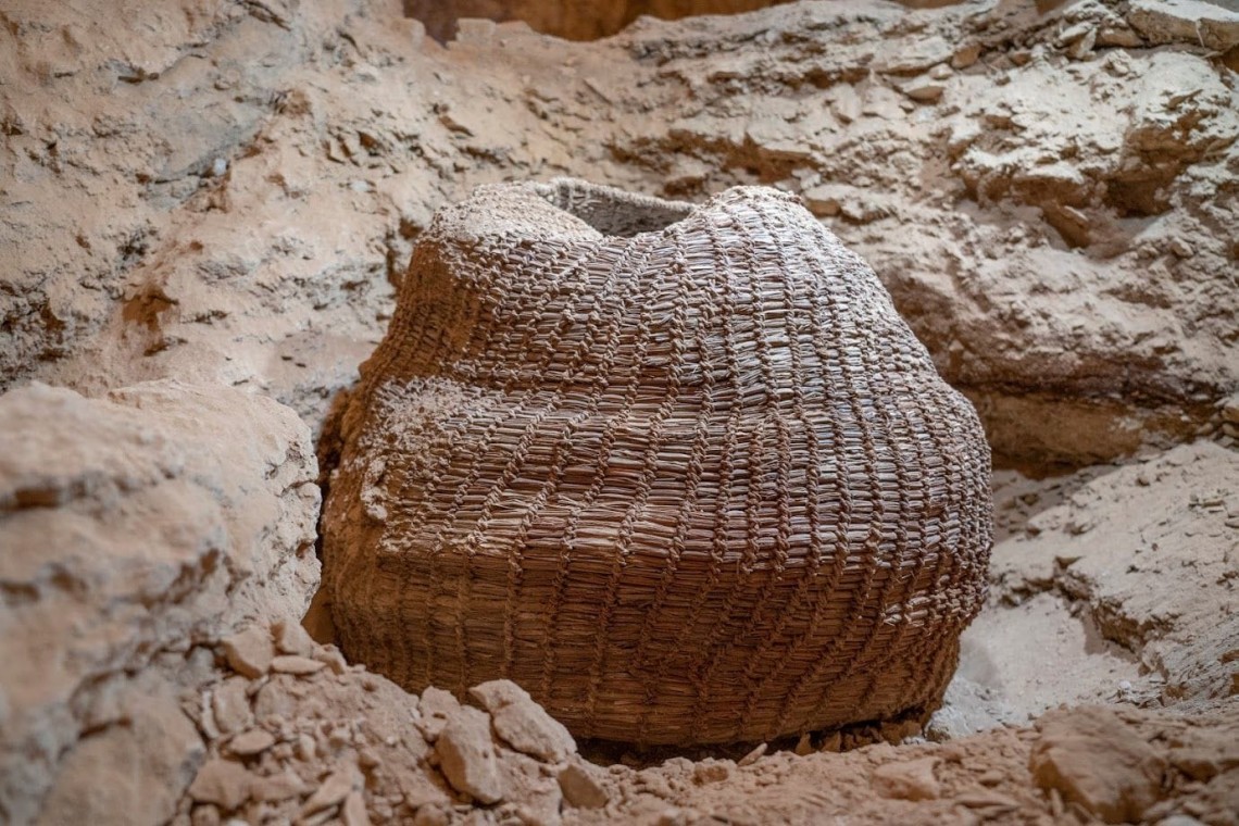 הסל העתיק. "קיבלנו ממצא שנותן לנו הזדמנות נדירה להציץ לכלים שהיו שכיחים עוד לפני המצאת הקרמיקה". צילום: יניב ברמן, רשות העתיקות.